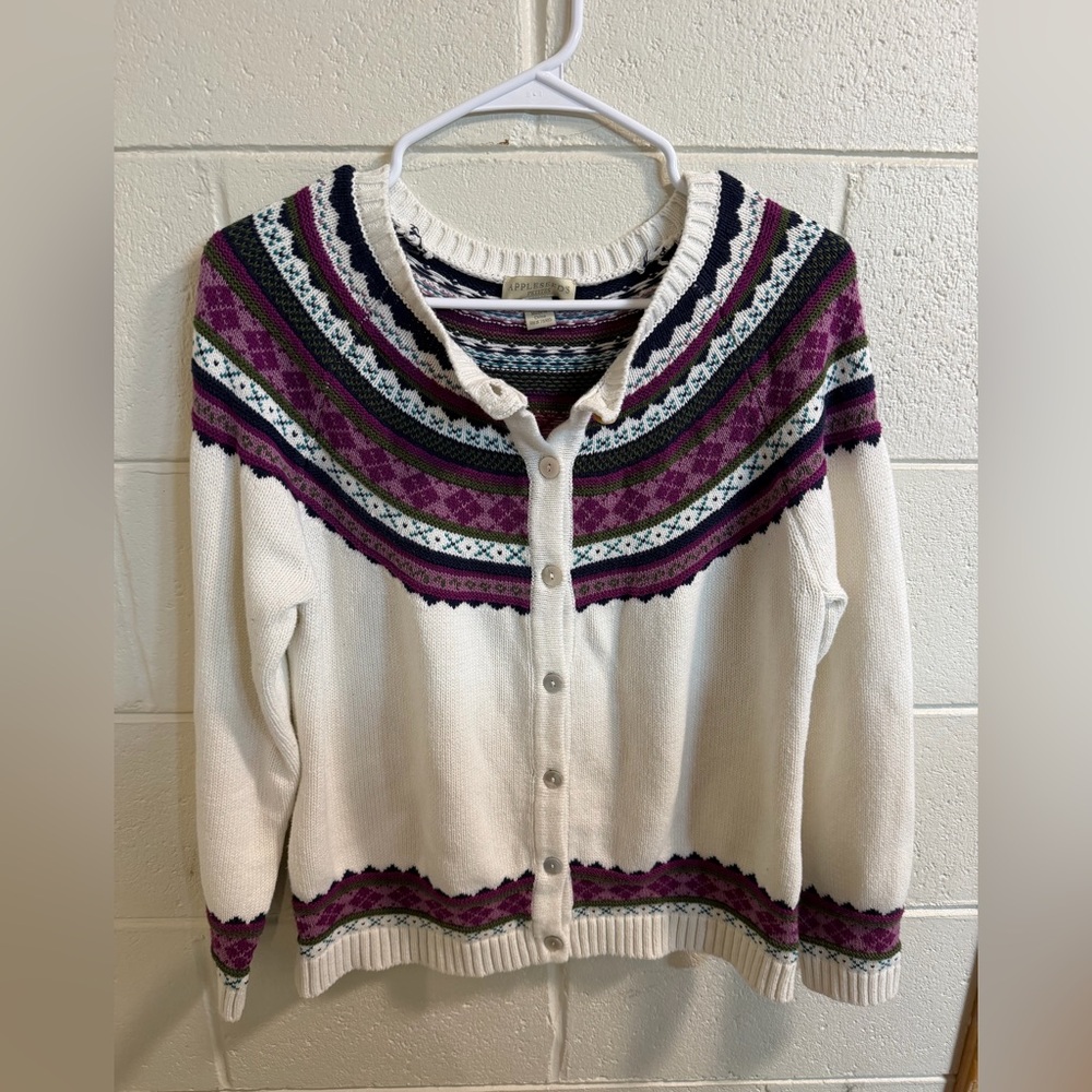 Appleseed's Purple and Cream Patterned Cardigan size medium